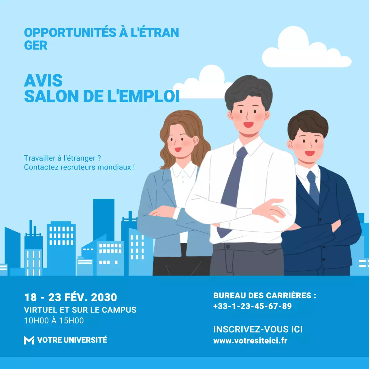 Avis de salon de l'emploi Postes sur les médias sociaux dans un style d'illustration plat pour les événements sur le campus