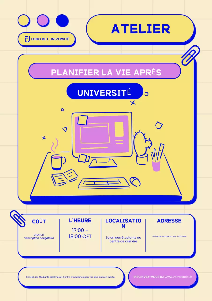 Affiche d'invitation à l'atelier de l'université moderne jaune
