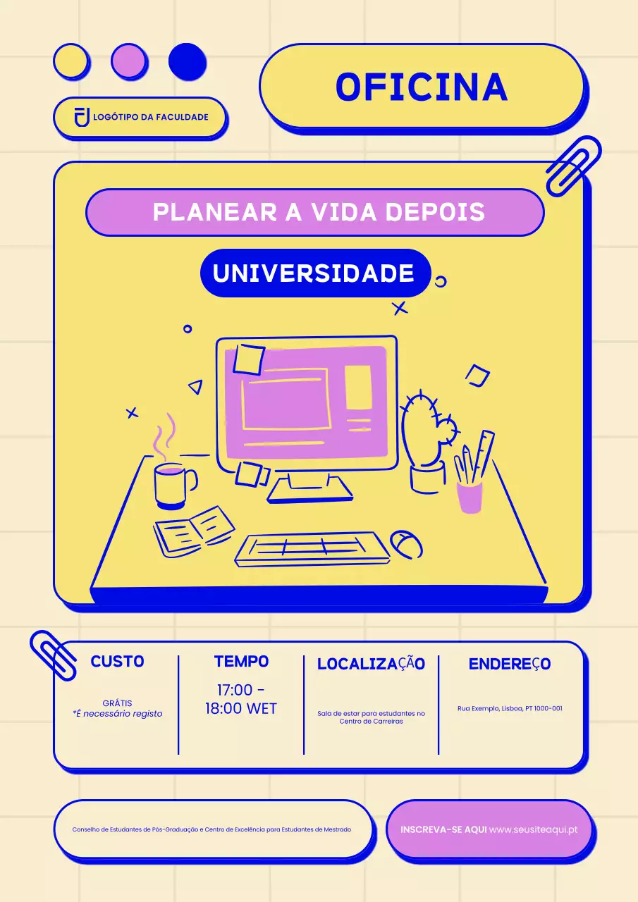 Cartaz amarelo de convite para o workshop da Universidade Moderna