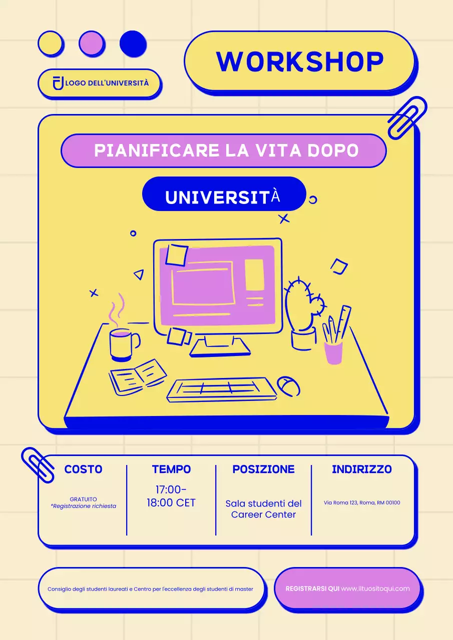 Poster giallo di invito al workshop dell'Università Moderna