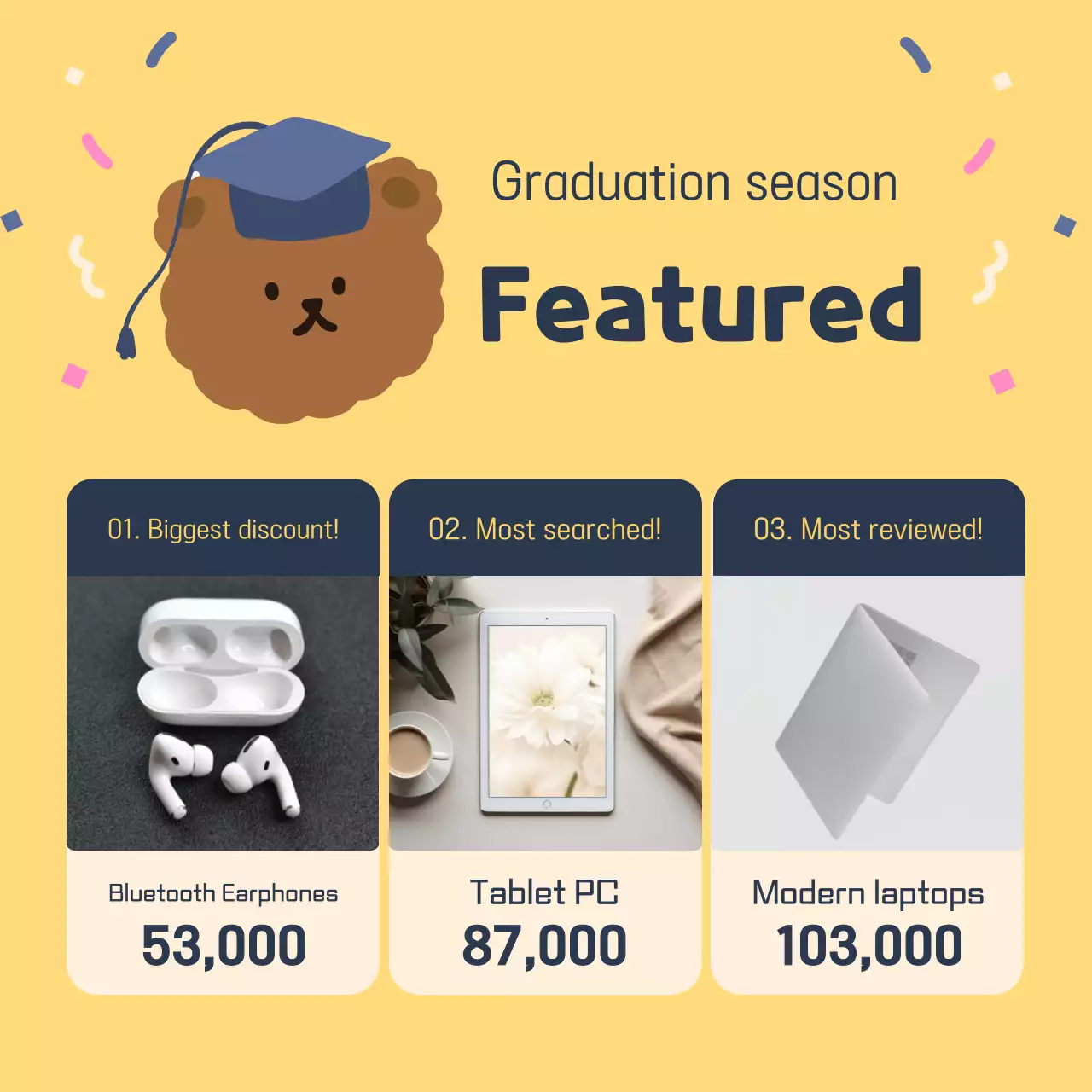 Iklan penjualan kelulusan berwarna kuning dan biru tua yang lucu