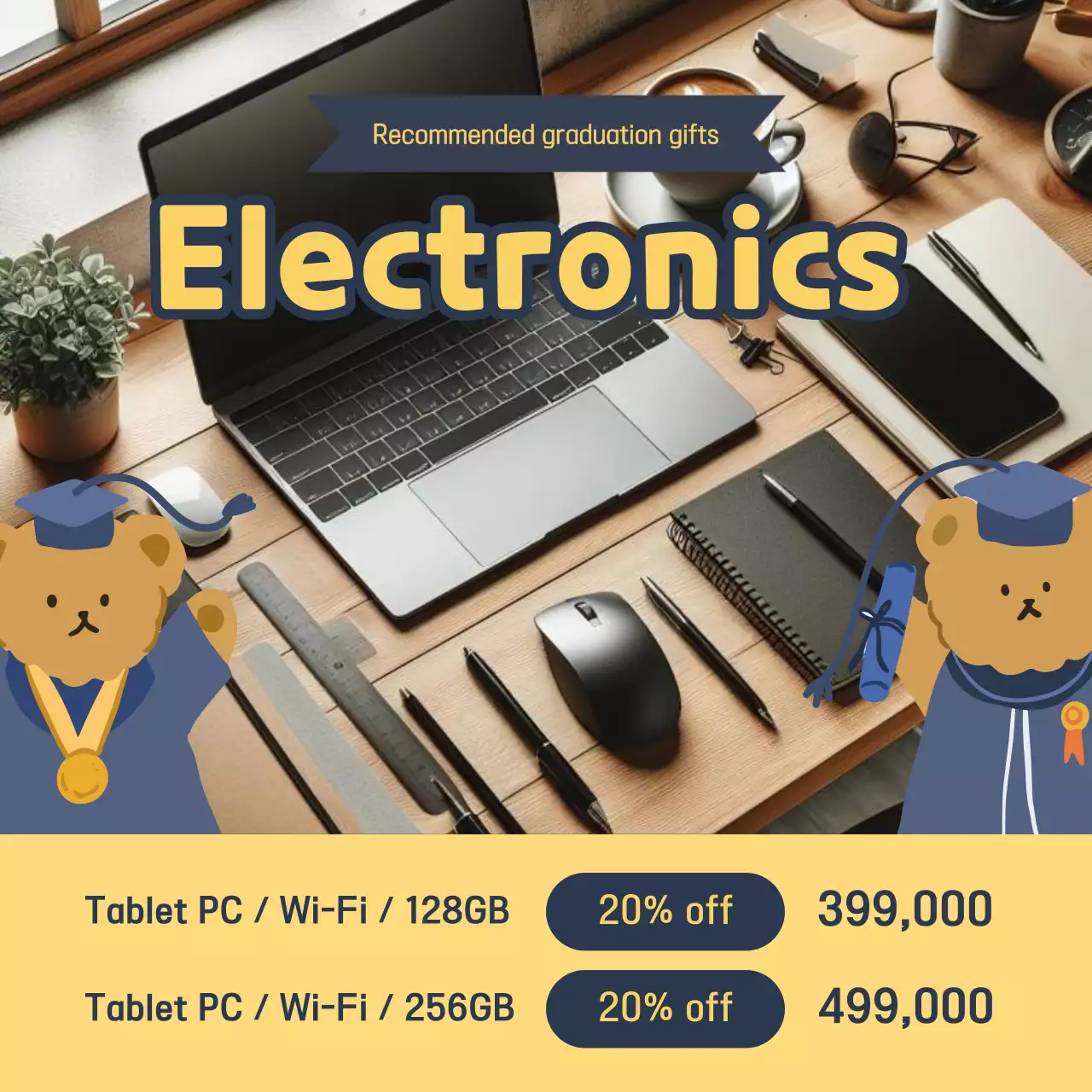 Iklan penjualan kelulusan berwarna kuning dan biru tua yang lucu