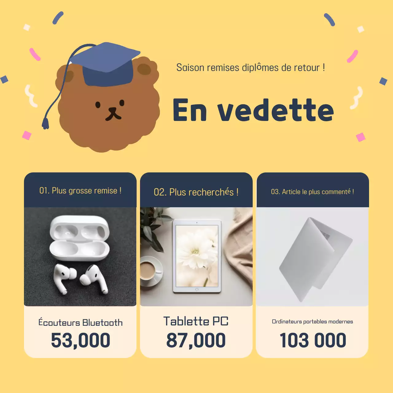 Une jolie annonce de vente de diplômes jaune et bleu marine