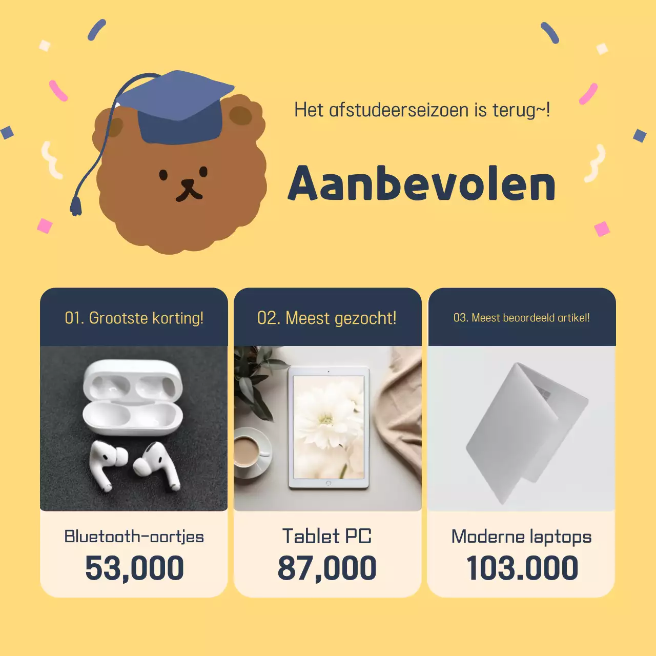 Een leuke geel met marineblauwe afstudeeradvertentie