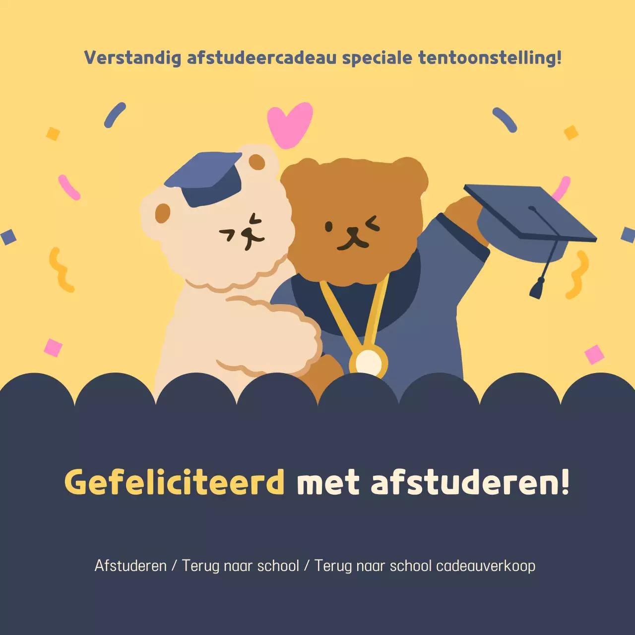 Een leuke geel met marineblauwe afstudeeradvertentie