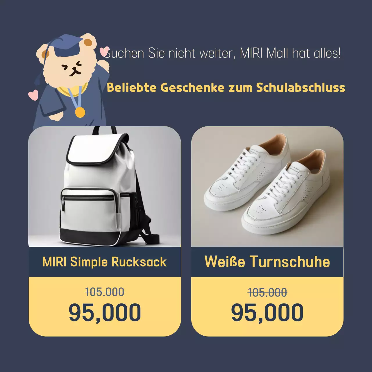 Eine niedliche Verkaufsanzeige für den Schulabschluss in Gelb und Marineblau