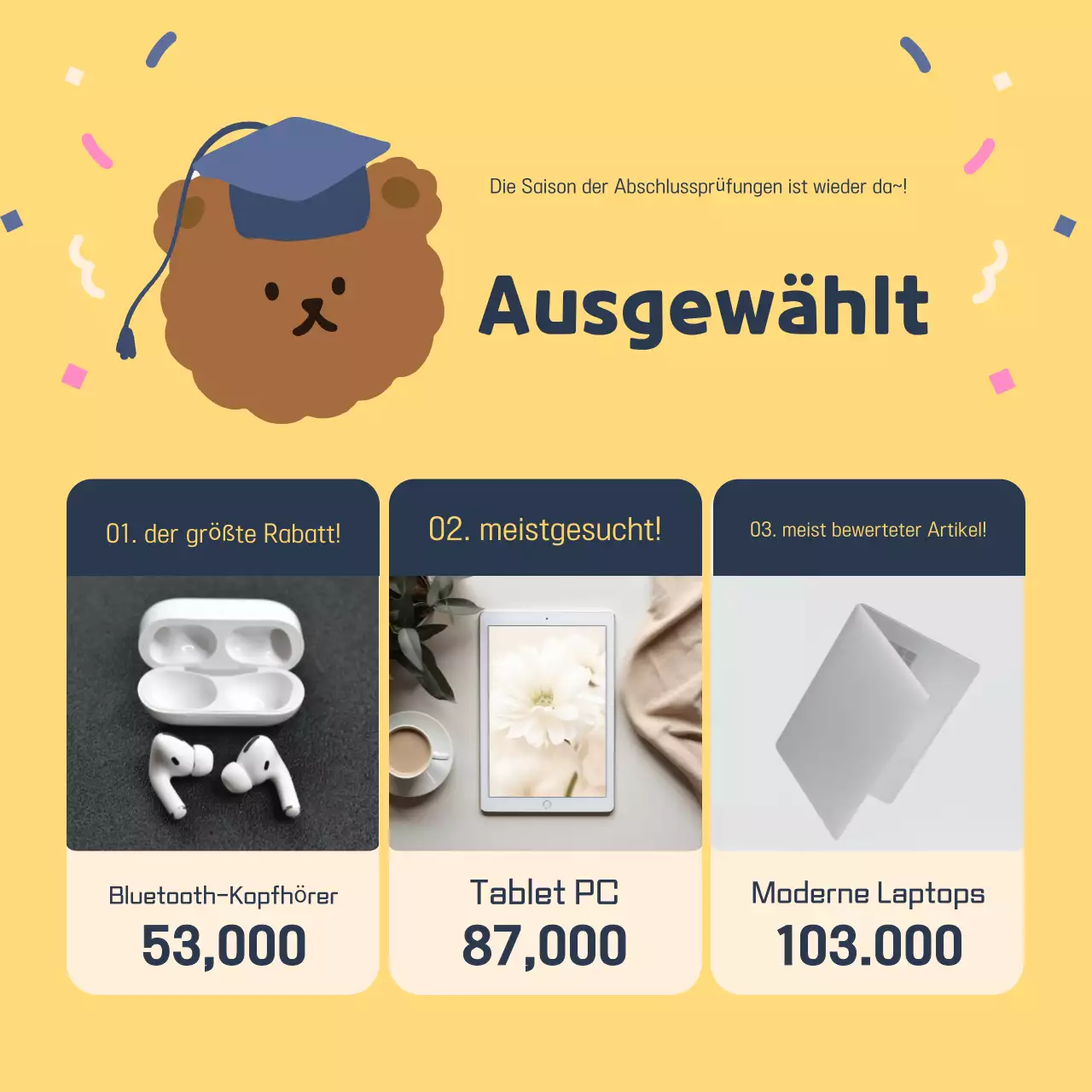 Eine niedliche Verkaufsanzeige für den Schulabschluss in Gelb und Marineblau