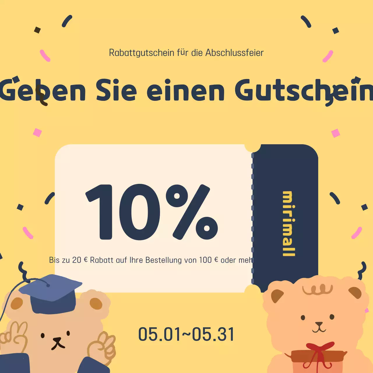 Eine niedliche Verkaufsanzeige für den Schulabschluss in Gelb und Marineblau