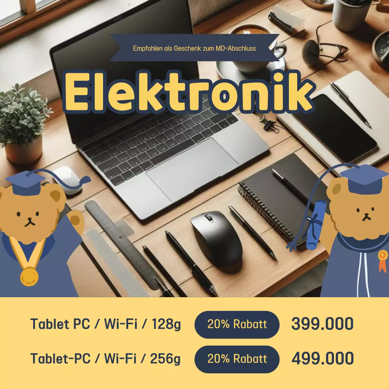 Eine niedliche Verkaufsanzeige für den Schulabschluss in Gelb und Marineblau