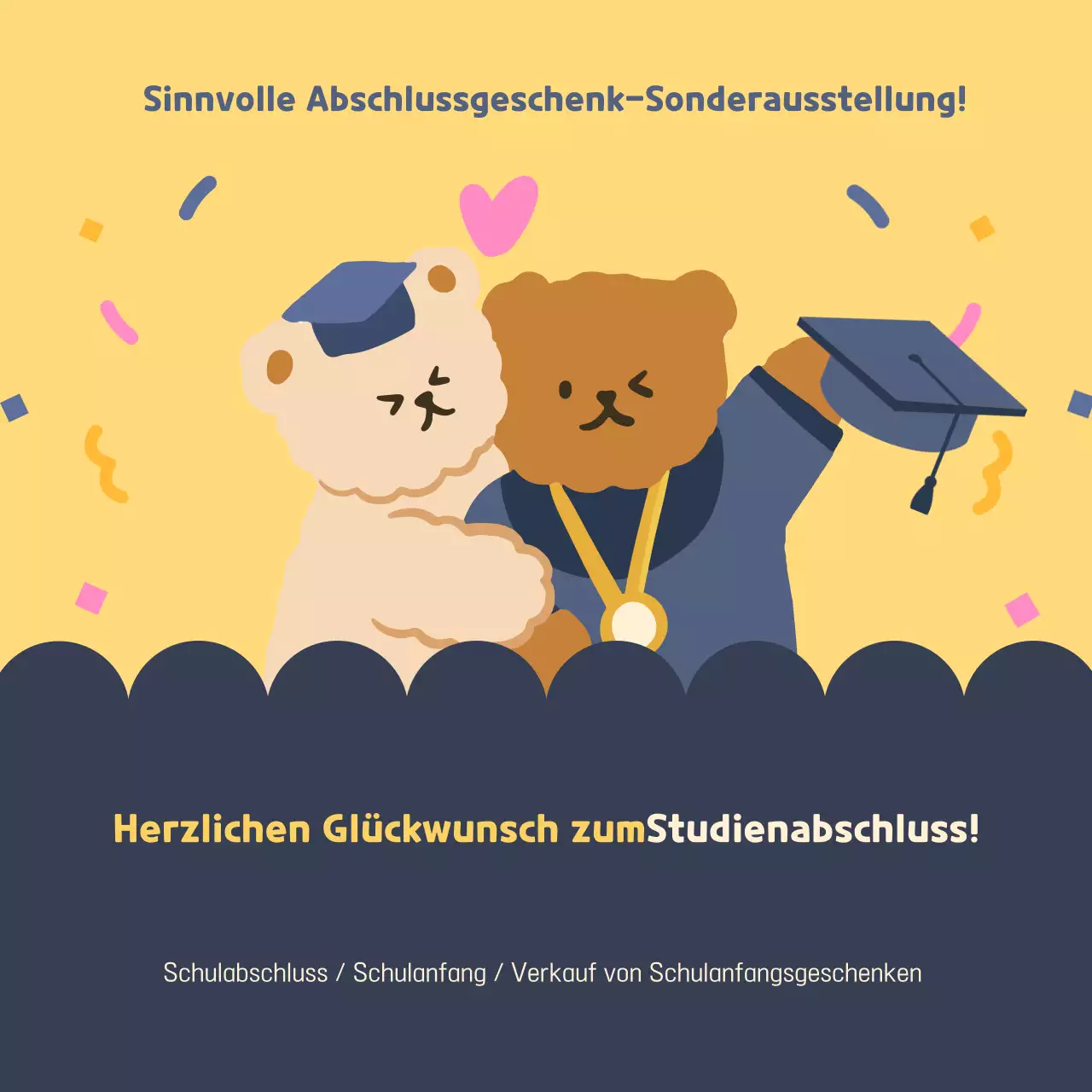 Eine niedliche Verkaufsanzeige für den Schulabschluss in Gelb und Marineblau