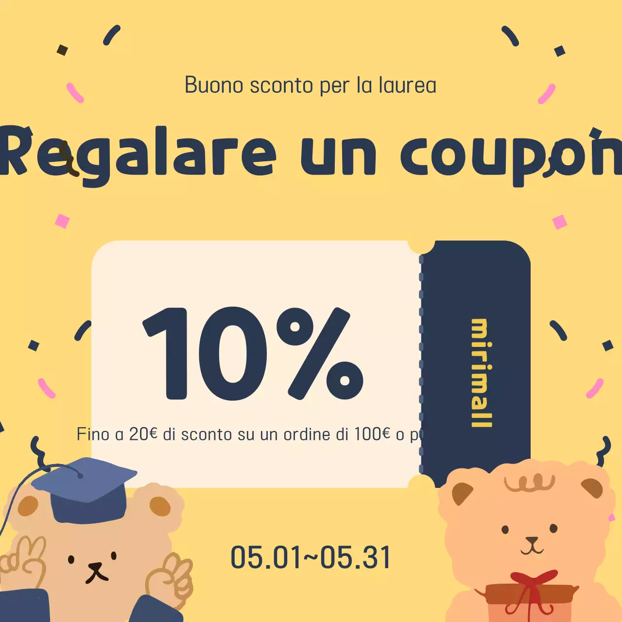 Un simpatico annuncio di vendita per lauree in giallo e blu navy