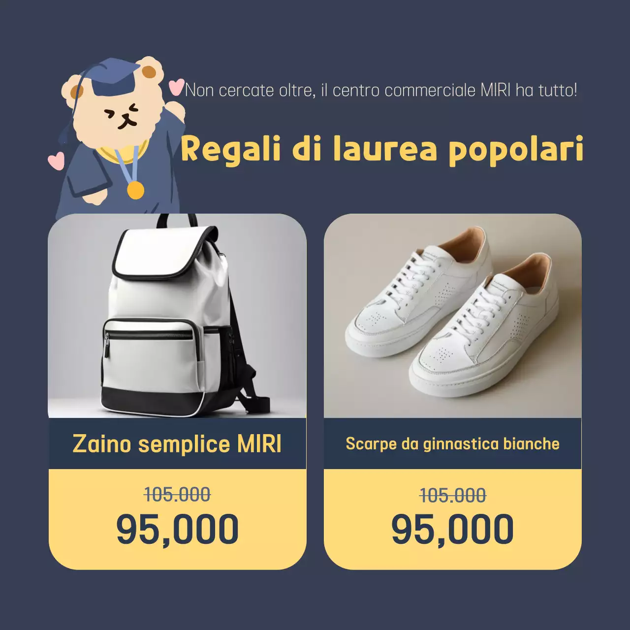 Un simpatico annuncio di vendita per lauree in giallo e blu navy