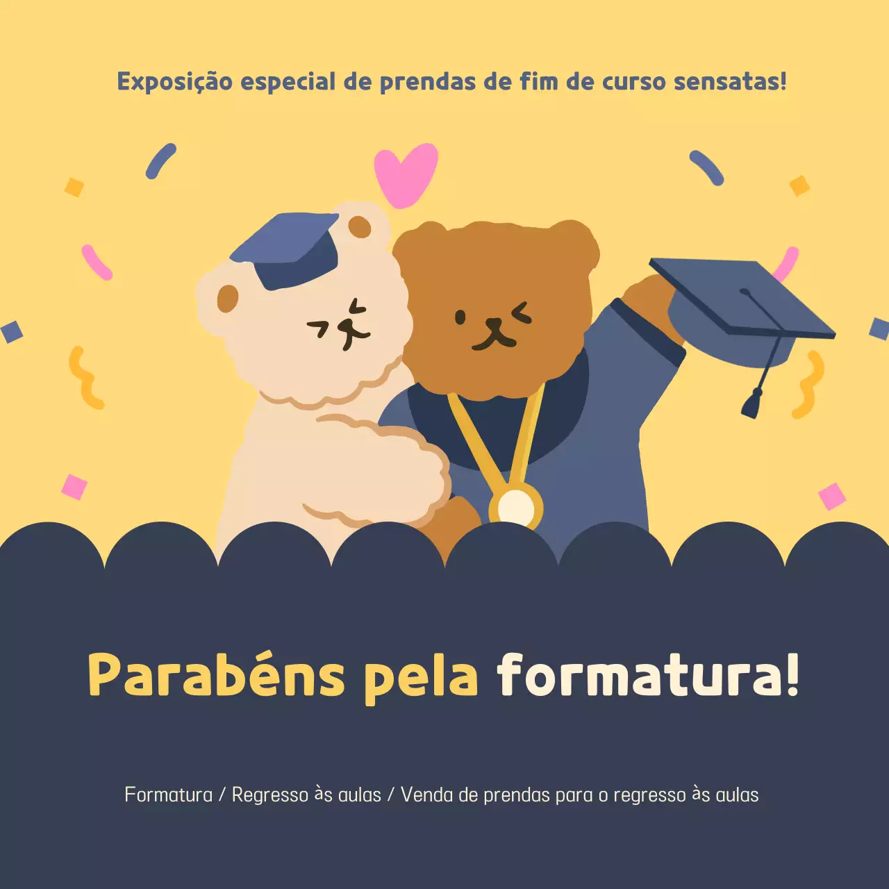 Um bonito anúncio de venda de formatura em amarelo e azul-marinho