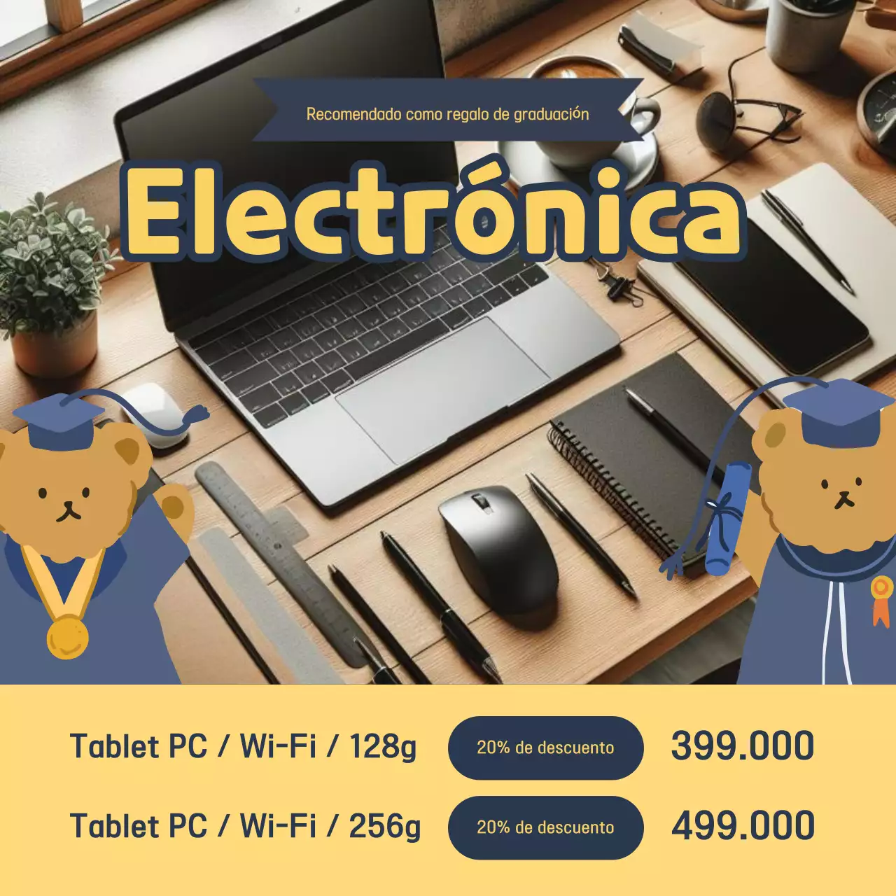 Un bonito anuncio de graduación en amarillo y azul marino