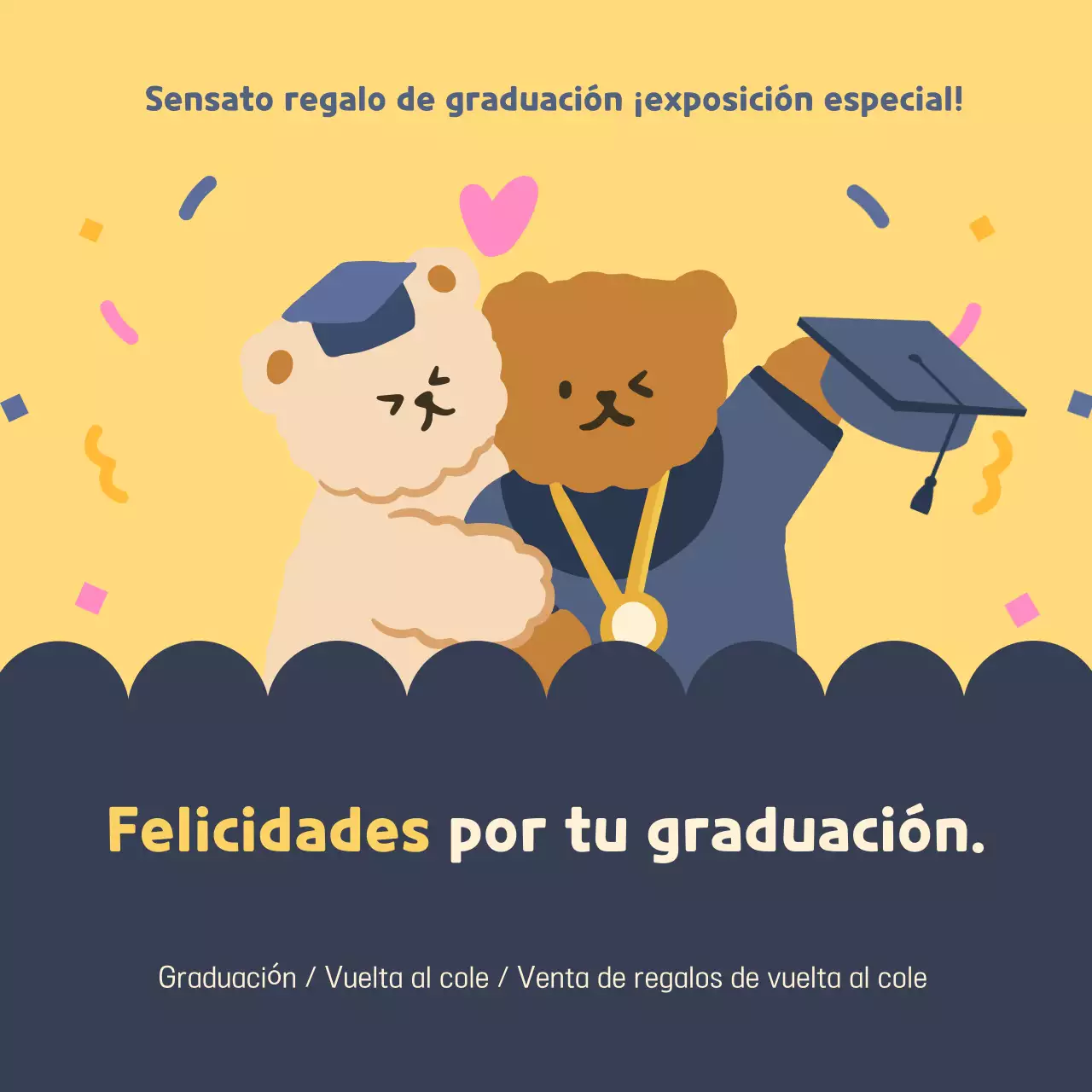 Un bonito anuncio de graduación en amarillo y azul marino