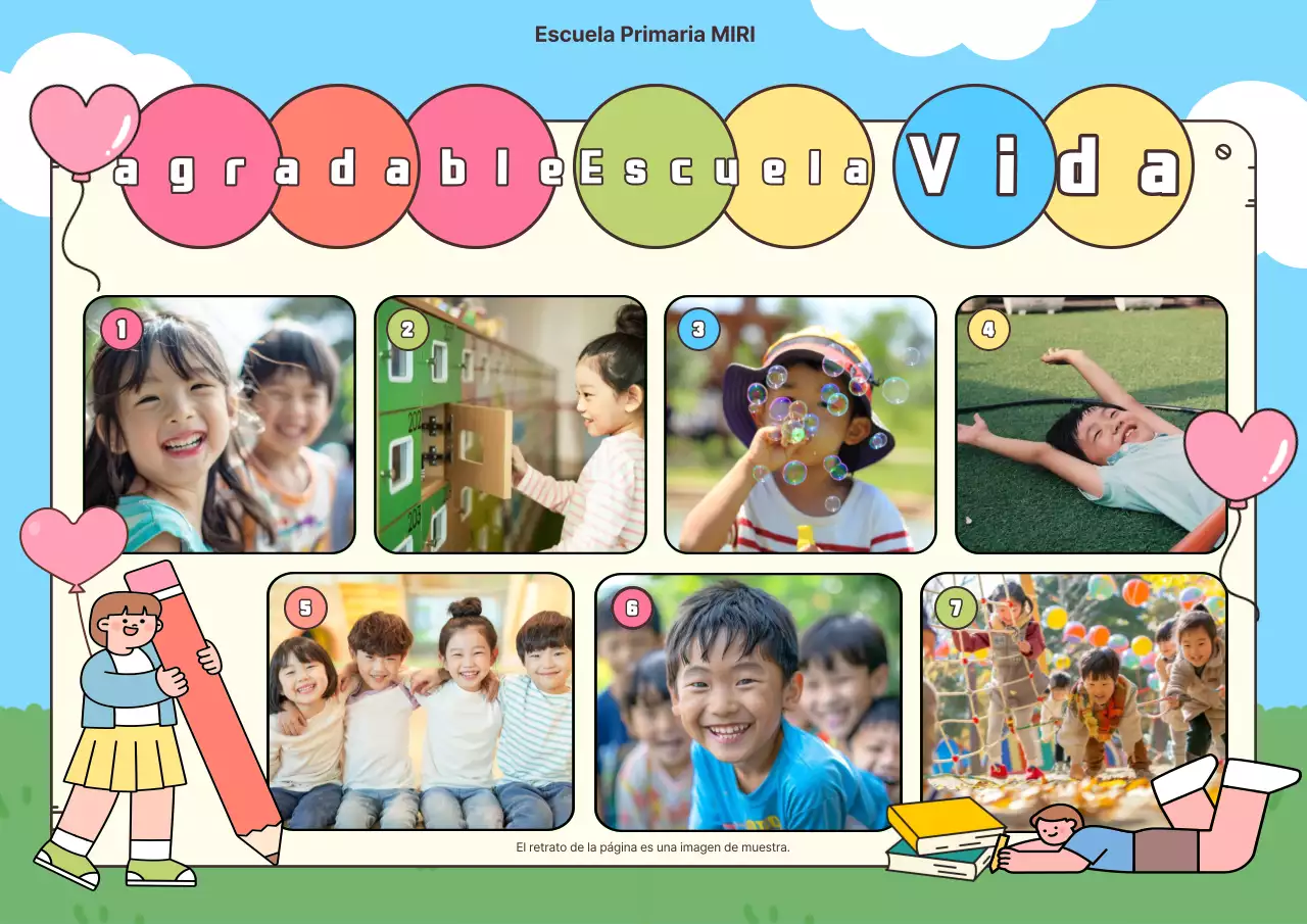 Pizarra de fotos de la vida escolar en azul claro