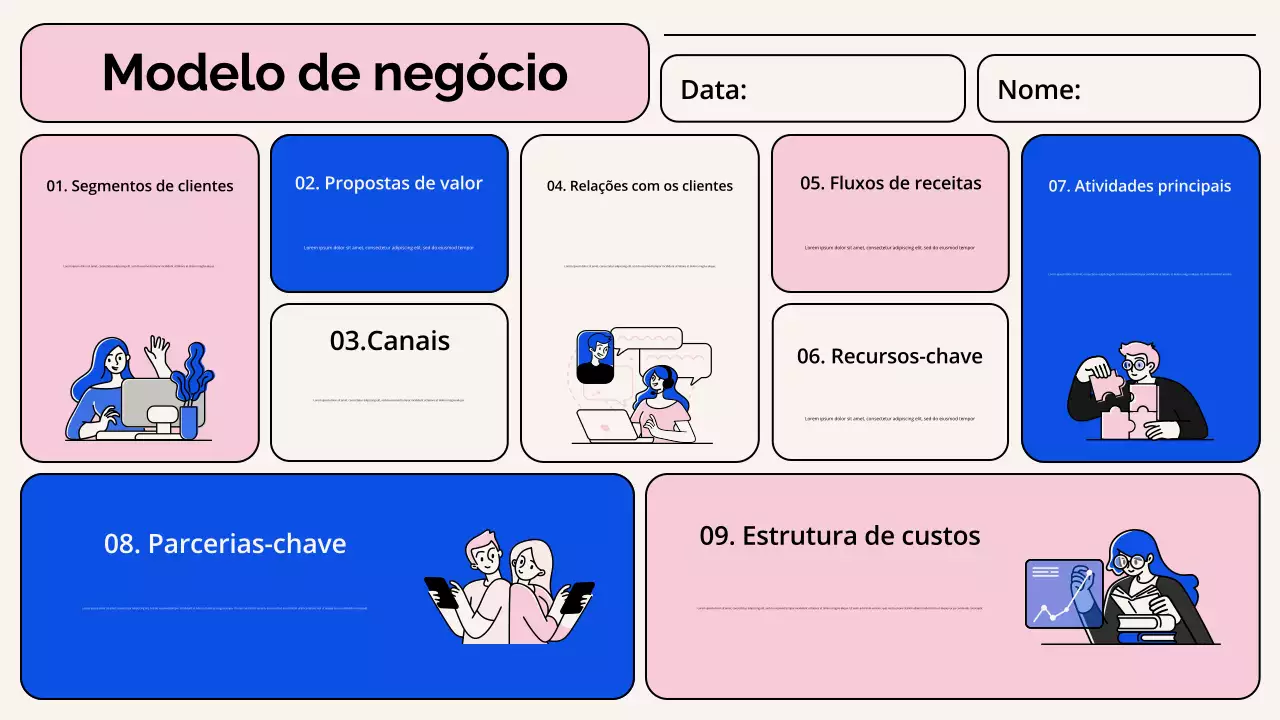 Infografia do modelo empresarial moderno azul-rosa