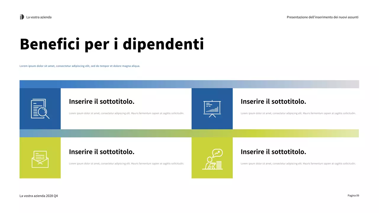 Presentazione della moderna guida all'onboarding verde bianco