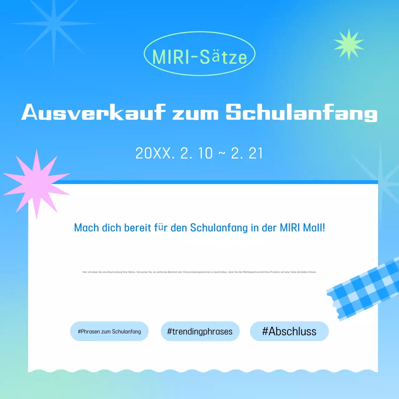 Hellblaue Pop-Ausstellung zum Schulanfang