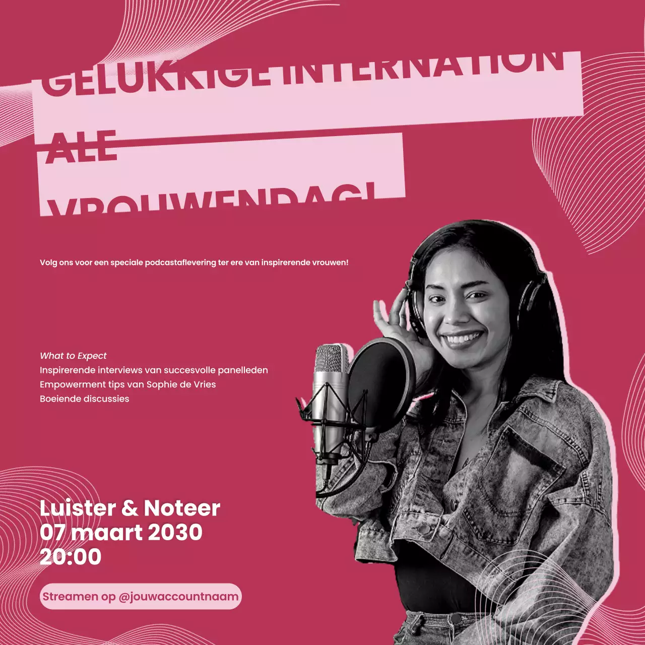 Roze promotiepost voor vrouwendagpodcast