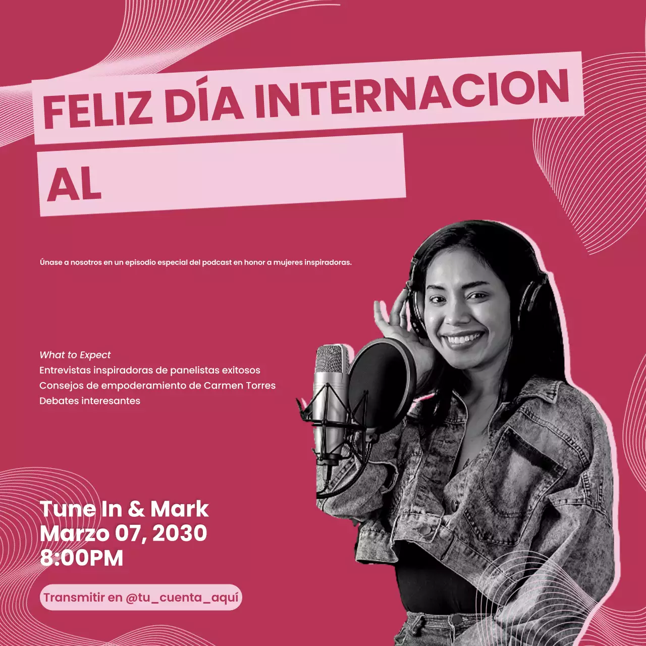Post promocional rosa para el podcast del Día de la Mujer