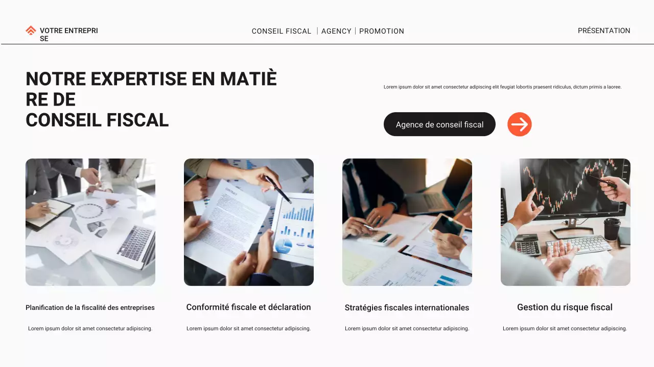 Promotion de l'agence de conseil fiscal moderne noire et orange