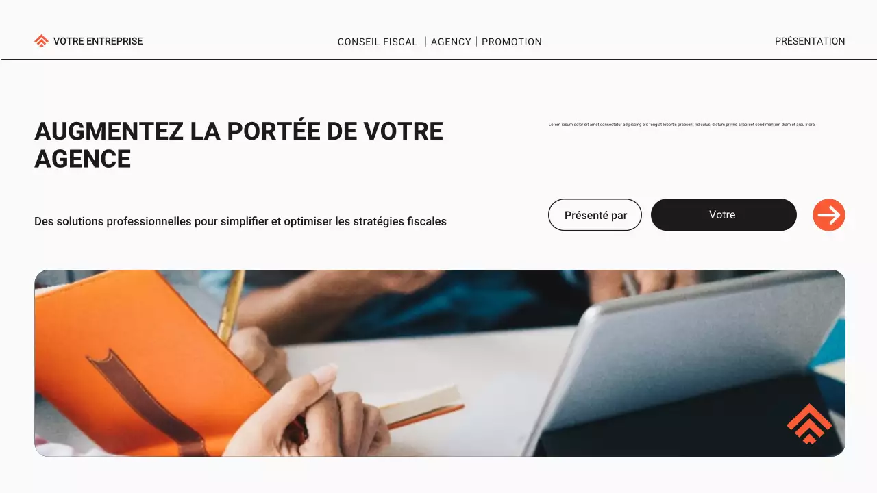 Promotion de l'agence de conseil fiscal moderne noire et orange