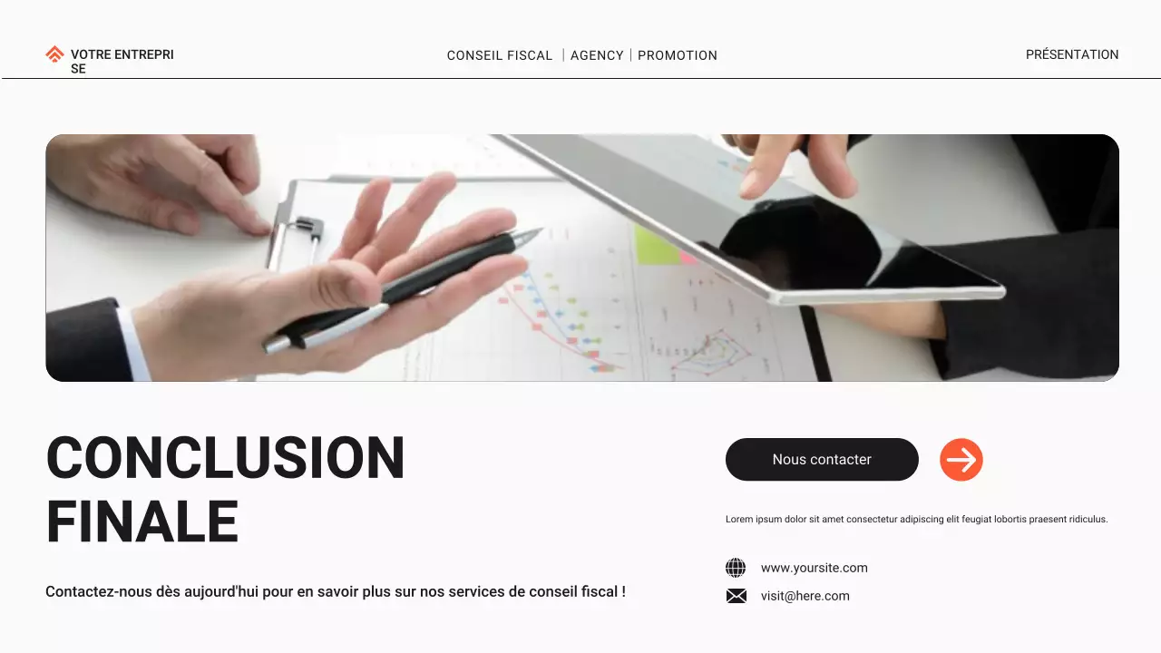 Promotion de l'agence de conseil fiscal moderne noire et orange