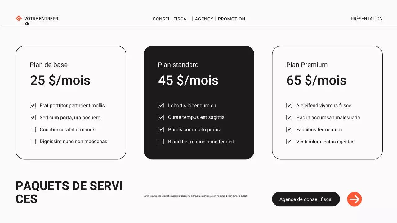 Promotion de l'agence de conseil fiscal moderne noire et orange