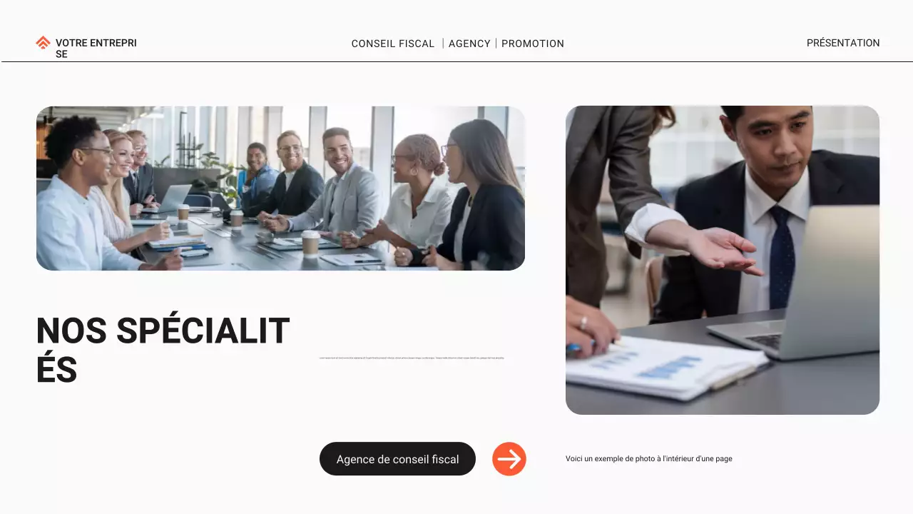 Promotion de l'agence de conseil fiscal moderne noire et orange