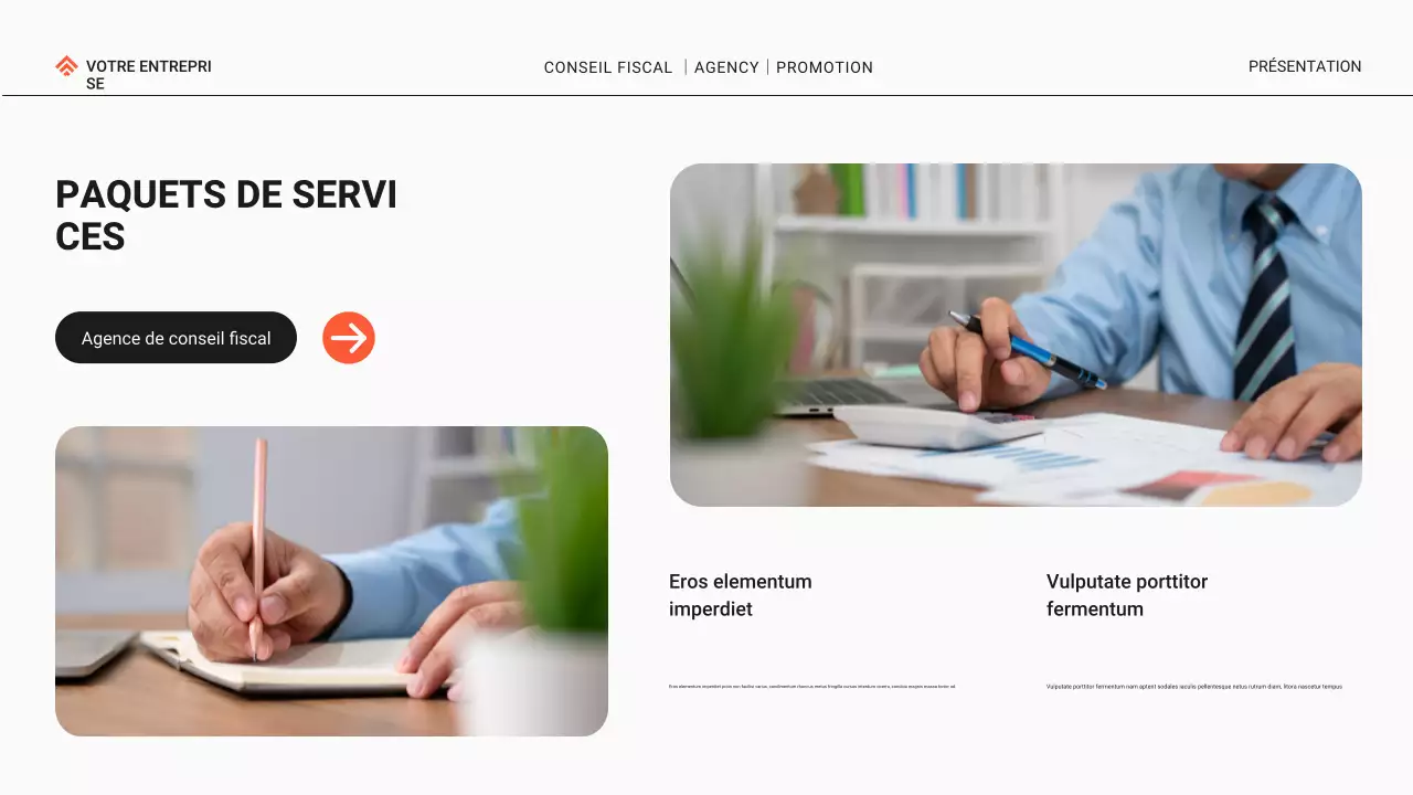 Promotion de l'agence de conseil fiscal moderne noire et orange