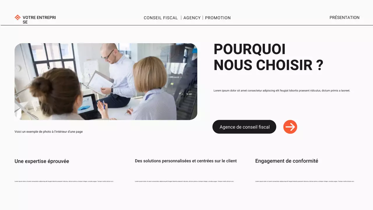 Promotion de l'agence de conseil fiscal moderne noire et orange