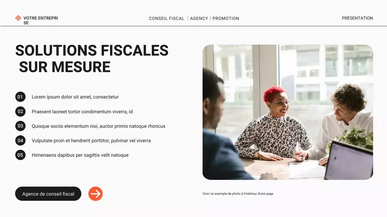 Promotion de l'agence de conseil fiscal moderne noire et orange