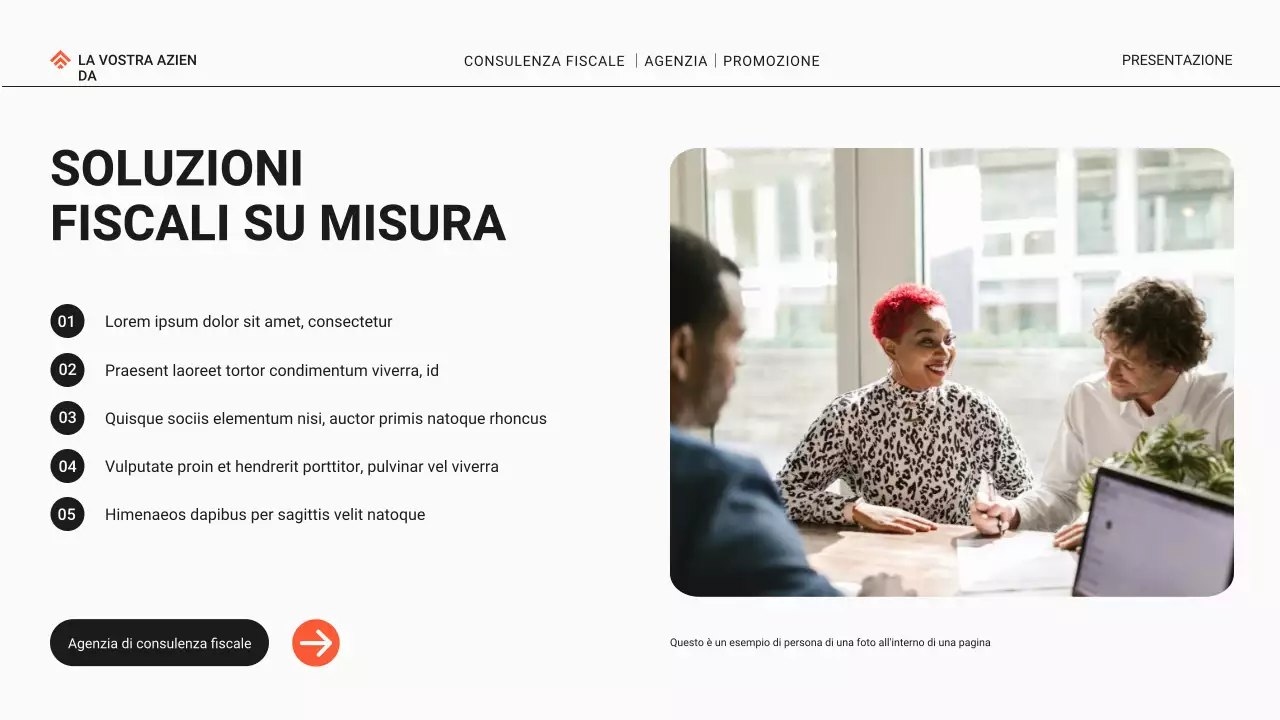 Promozione dell'agenzia di consulenza fiscale moderna in nero e arancione