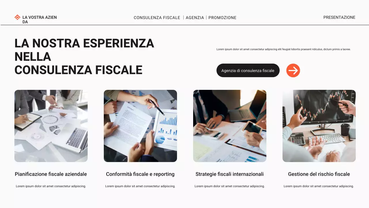 Promozione dell'agenzia di consulenza fiscale moderna in nero e arancione