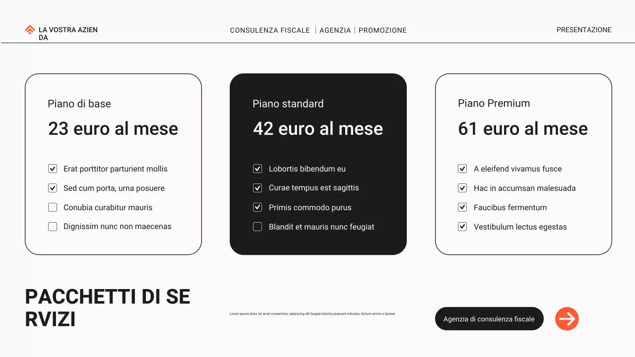Promozione dell'agenzia di consulenza fiscale moderna in nero e arancione