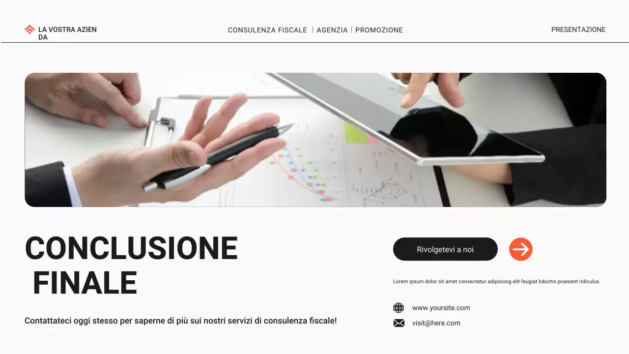 Promozione dell'agenzia di consulenza fiscale moderna in nero e arancione