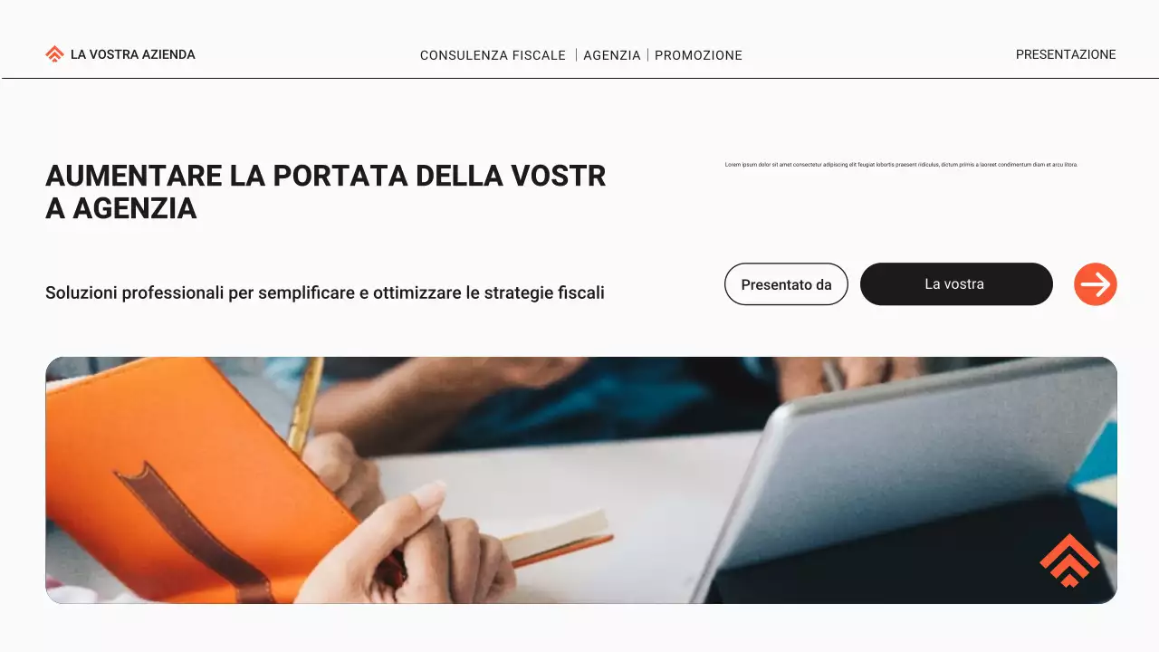 Promozione dell'agenzia di consulenza fiscale moderna in nero e arancione