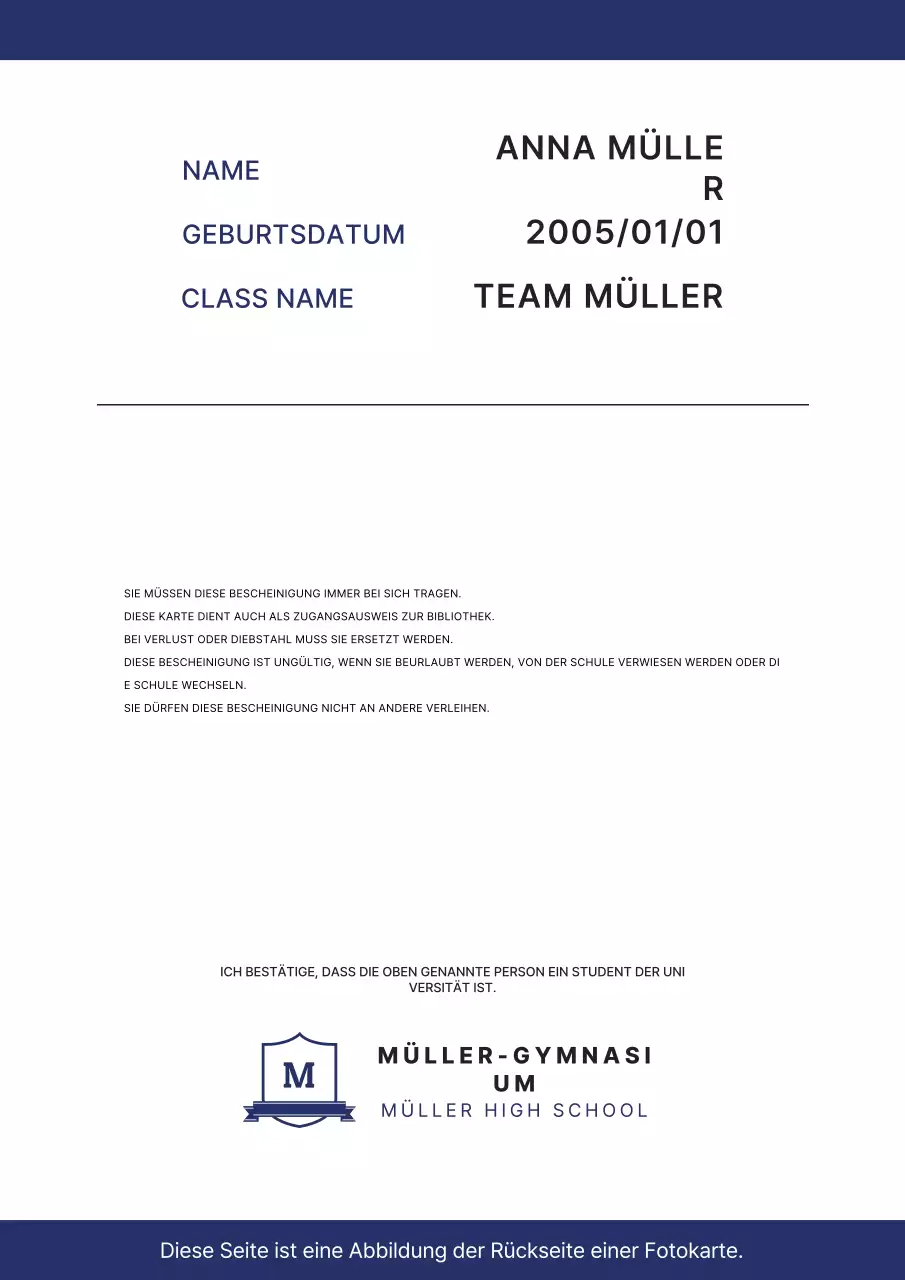 Marineblaue einfache Studentenausweis-Visitenkarte
