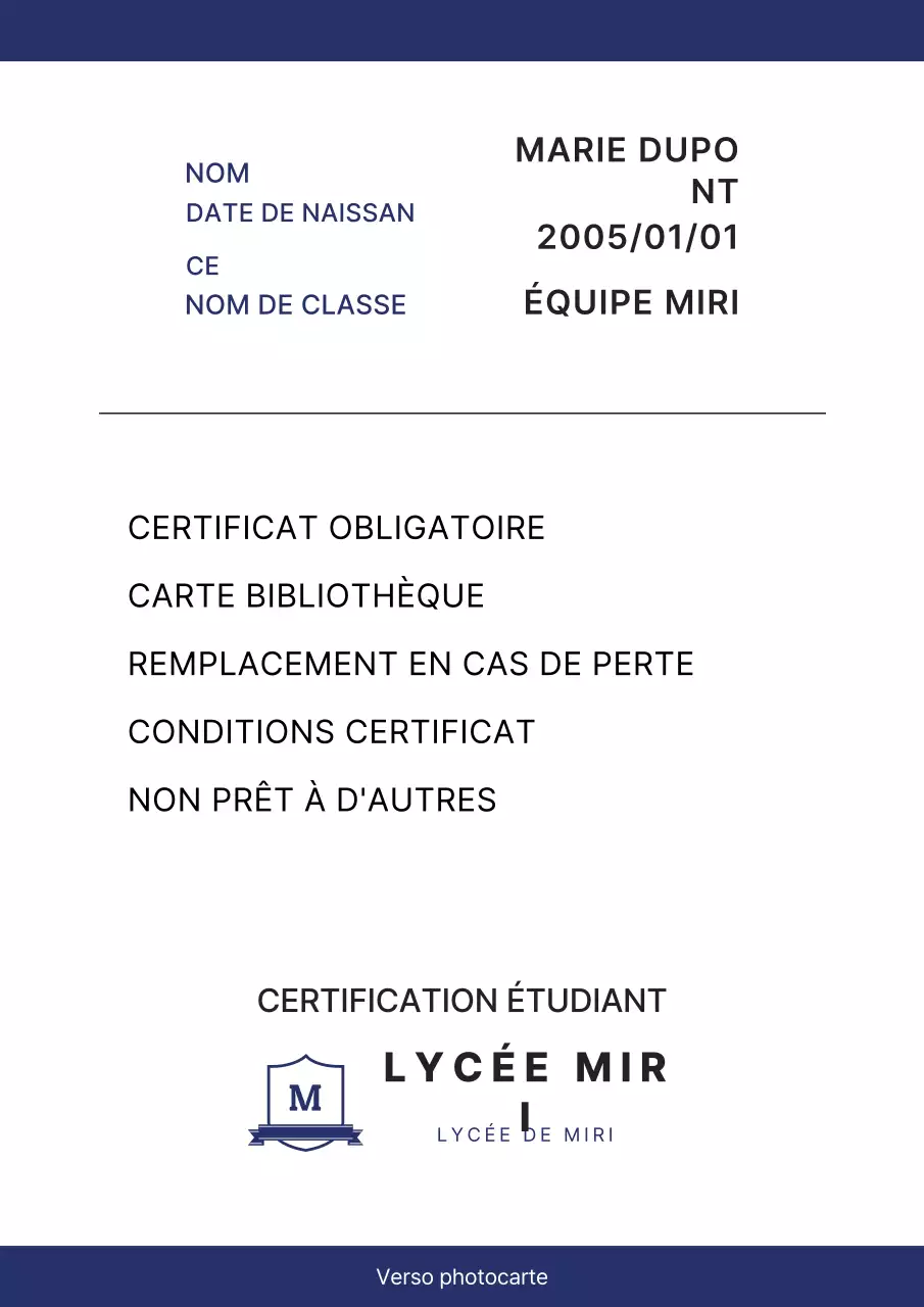 Carte de visite d'étudiant simple bleu marine