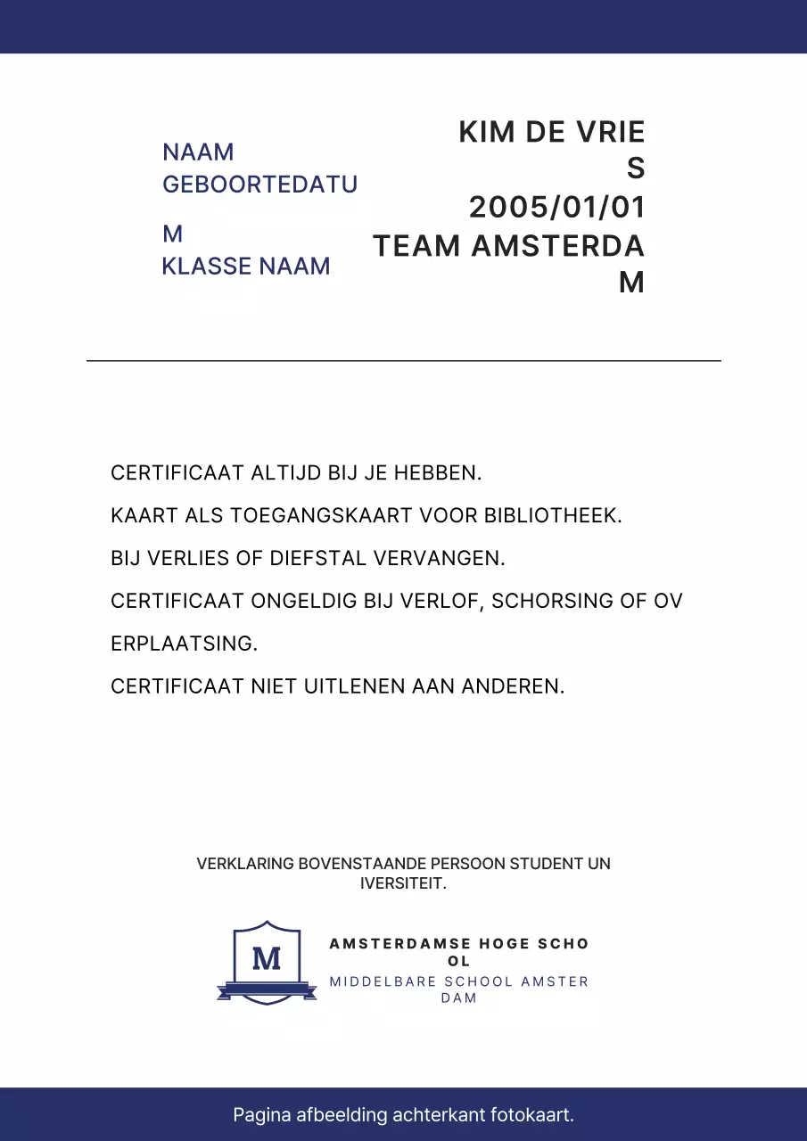 Marineblauw eenvoudig studenten ID visitekaartje