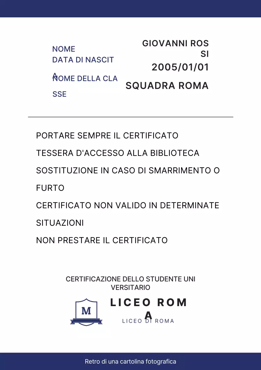 Biglietto da visita semplice per studenti blu navy