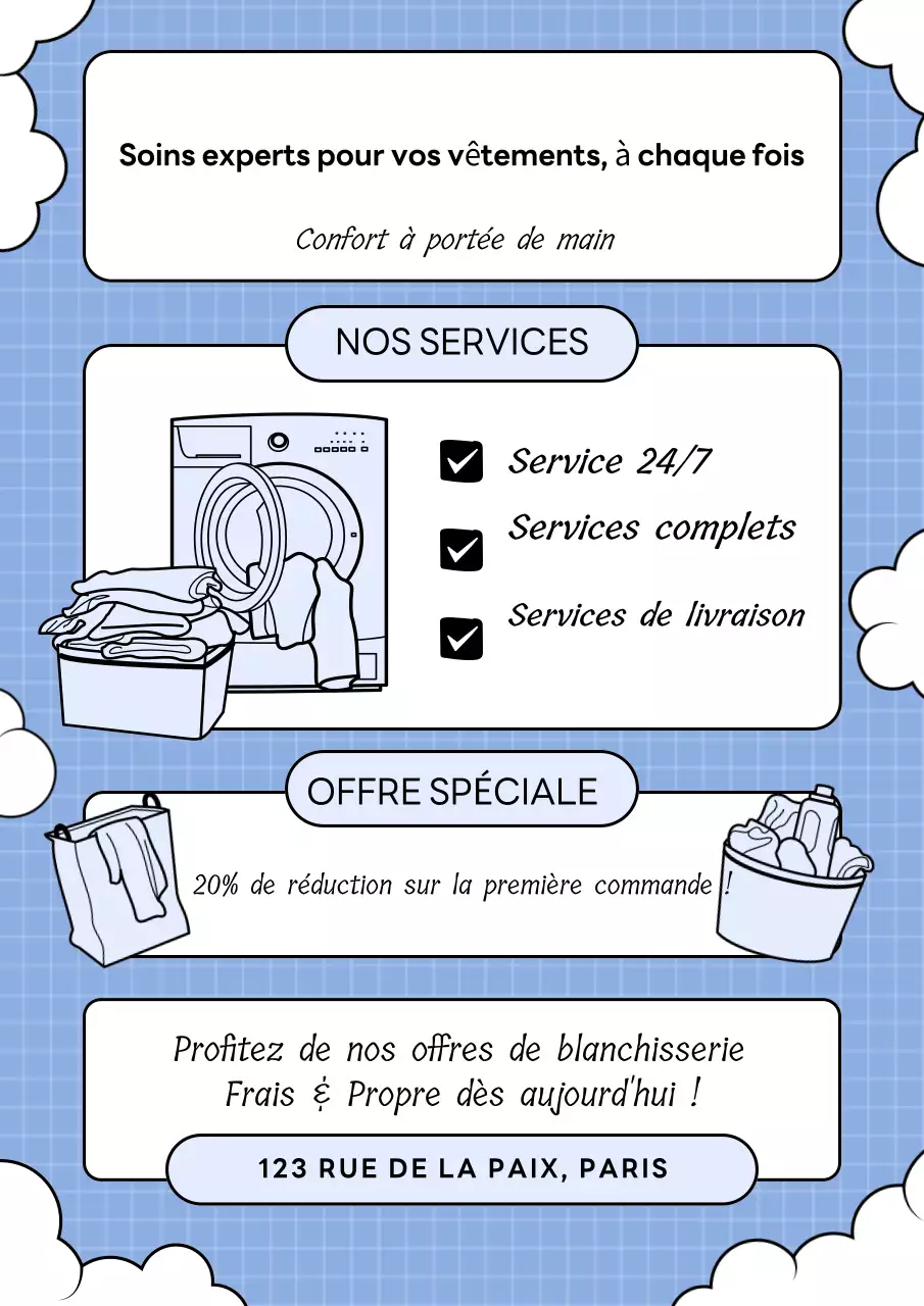 affiche de promotion de la blanchisserie moderne bleue