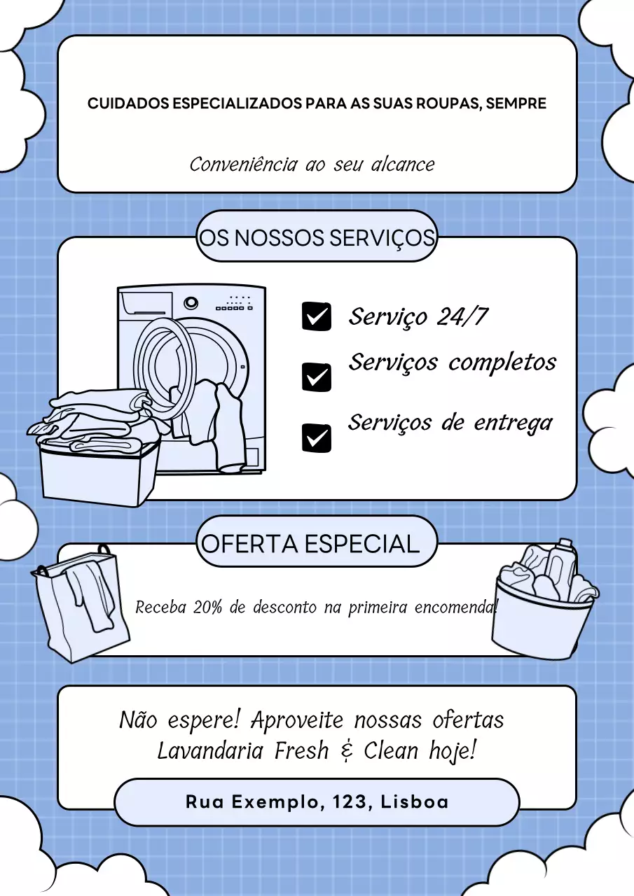 cartaz de promoção de lavandaria moderna azul