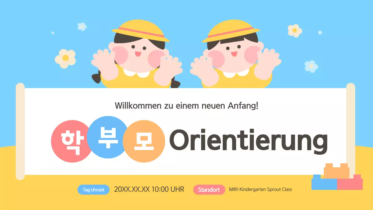 Niedliche Orientierungshilfe für Eltern in Hellblau und Gelb
