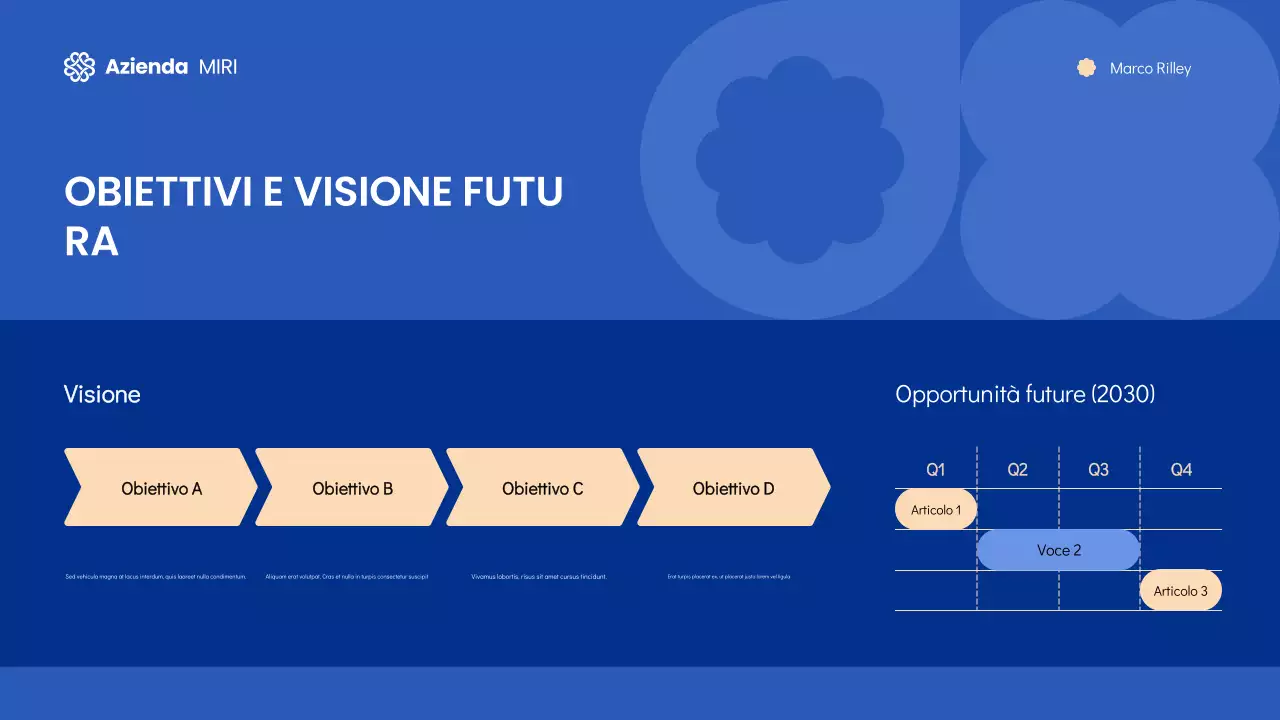 Diapositive per riunioni Townhall moderne e geometriche blu e crema