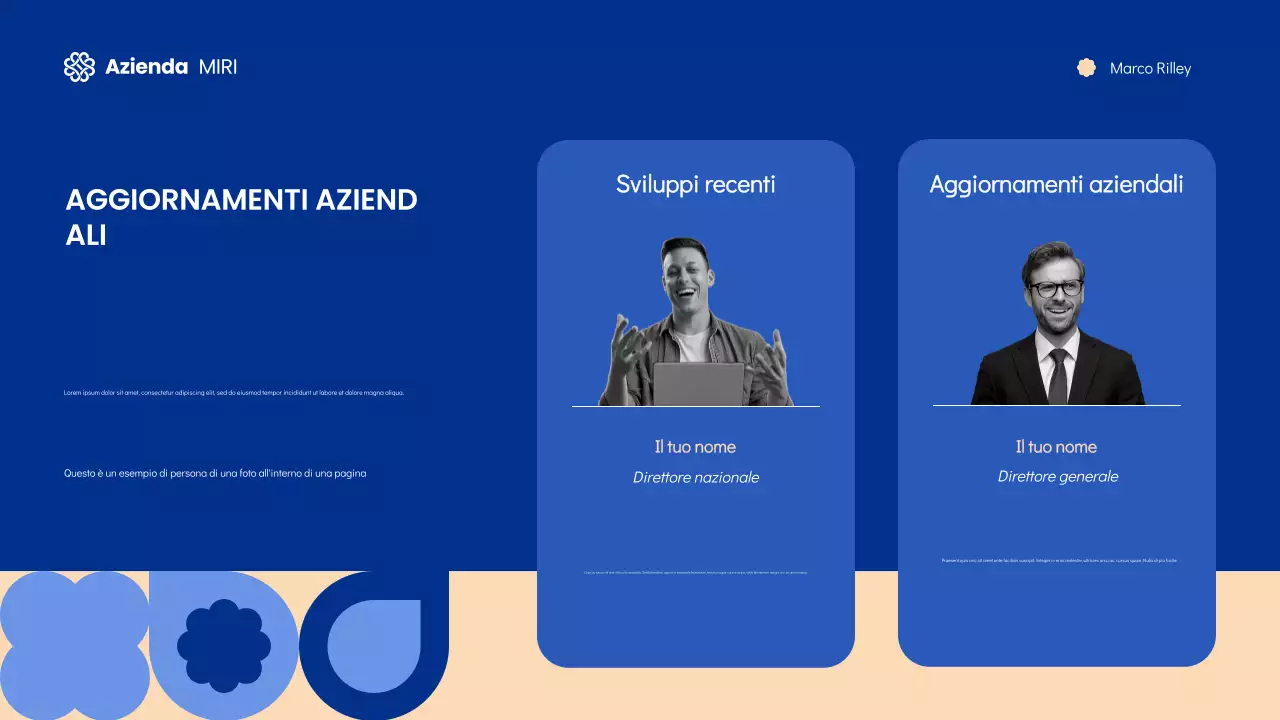 Diapositive per riunioni Townhall moderne e geometriche blu e crema