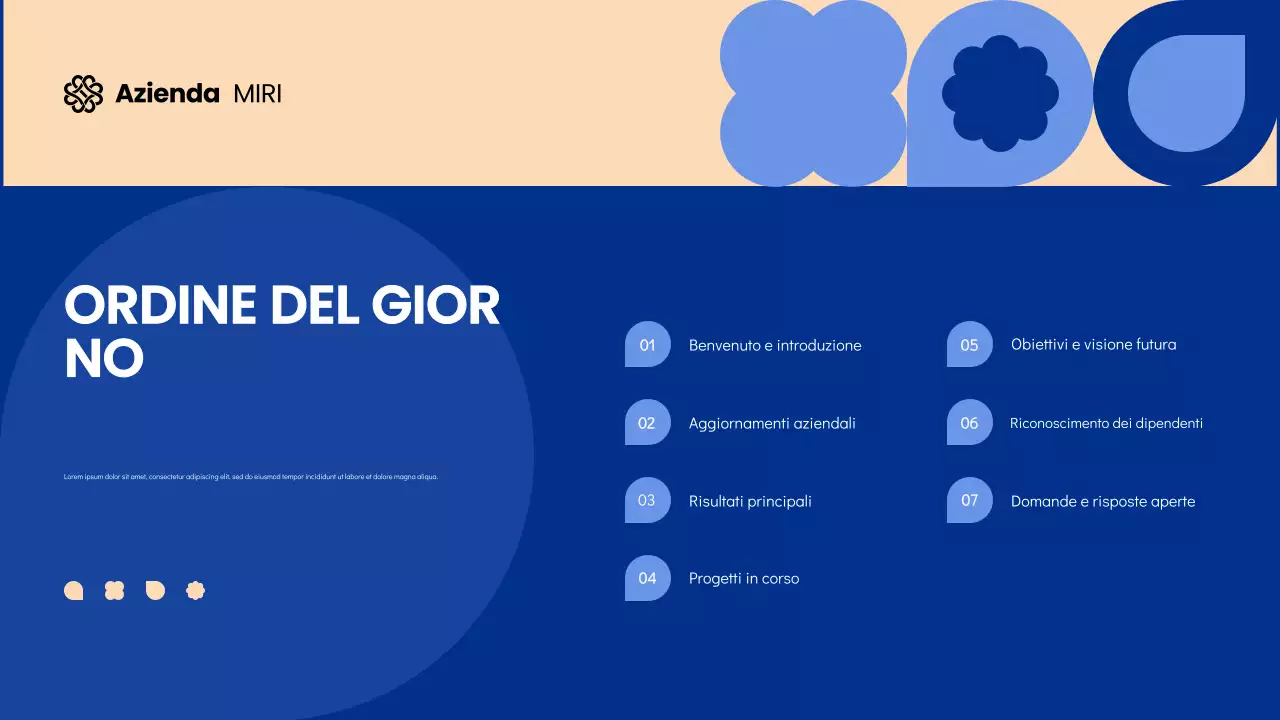 Diapositive per riunioni Townhall moderne e geometriche blu e crema