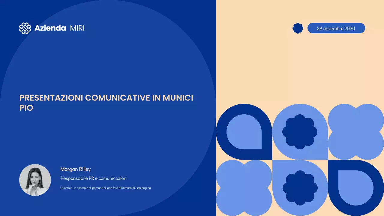 Diapositive per riunioni Townhall moderne e geometriche blu e crema