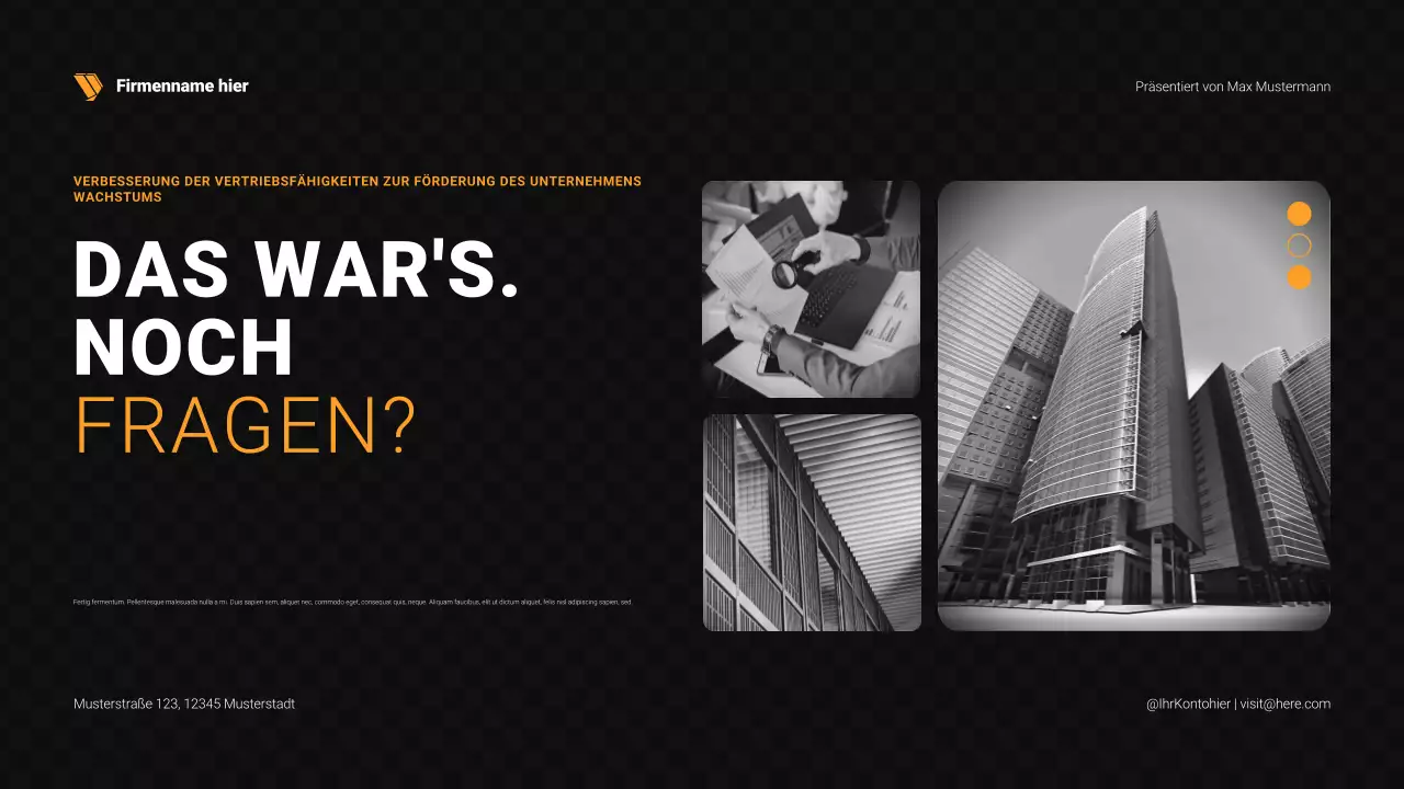 Verkaufspräsentation in Schwarz und Orange